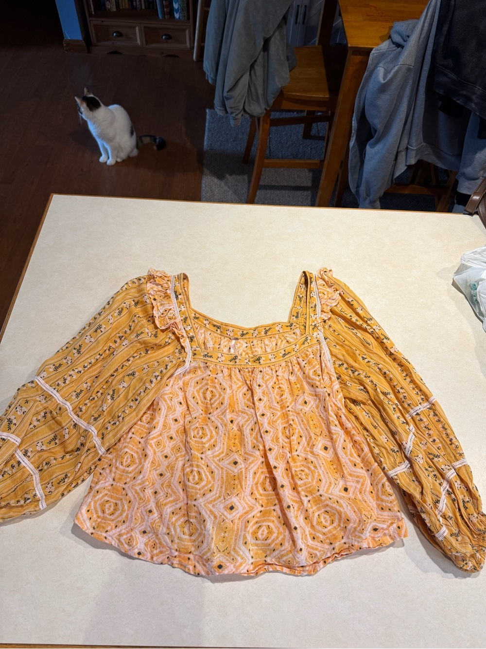 Free People Mustard and Peach Boho Peasant Blouse